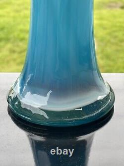 1970's French 17 LARGE Vase MCM Aqua Blue Blown Glass Flower Child Thick