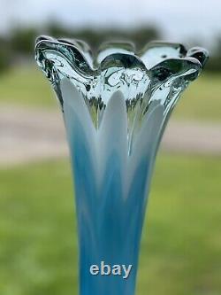 1970's French 17 LARGE Vase MCM Aqua Blue Blown Glass Flower Child Thick