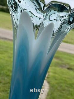 1970's French 17 LARGE Vase MCM Aqua Blue Blown Glass Flower Child Thick