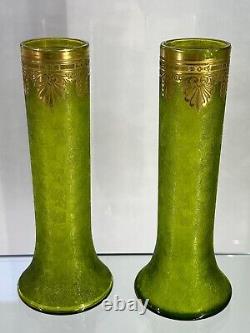 19c. Antique French Empire Baccarat Acid Etched Green Glass Ormolu Gild Vase Pair