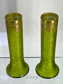 19c. Antique French Empire Baccarat Acid Etched Green Glass Ormolu Gild Vase Pair