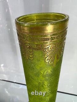 19c. Antique French Empire Baccarat Acid Etched Green Glass Ormolu Gild Vase Pair