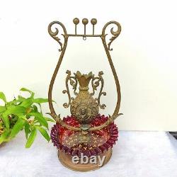 19c Vintage Brass Red Glass French Glass Decorated Vase Rare Collectible