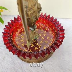 19c Vintage Brass Red Glass French Glass Decorated Vase Rare Collectible