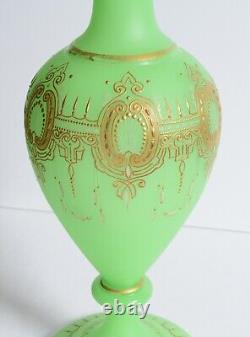 19th C. 15 French Opaline Satin Uranium Green Glass Vase! Gilt gold painted