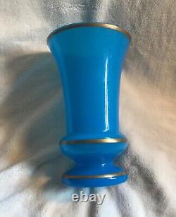 19th Century French Blue Opaline Glass Vase with Gilded Trim 8 tall 5 wide