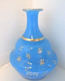 19th Century French Blue Opaline w Gilt ENAMEL Water Bottle Vase BACCARAT