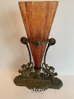 19th Century French Bronze Or Brass Gargoyle Base With Art Glass Epergne Vase