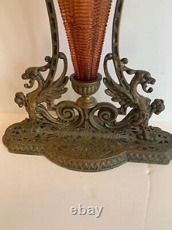 19th Century French Bronze Or Brass Gargoyle Base With Art Glass Epergne Vase