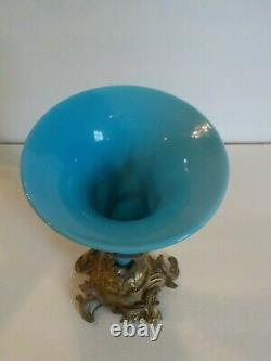 19th French Blue Opaline Trumpet Vase, Elaborate Art Nouveau Bronze Stand