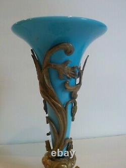 19th French Blue Opaline Trumpet Vase, Elaborate Art Nouveau Bronze Stand