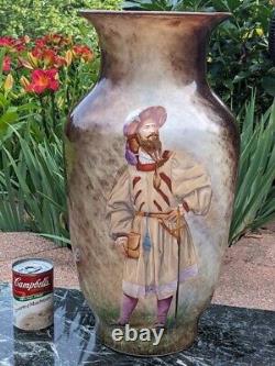 20 tall Baccarat Opaline Floor Vase with Hand Painted Musketeer dated 1877