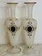 2 Antique French Napoleon Opaline Glass Vase w Black Cameo Gold Gilding & Enamel