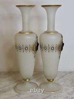 2 Antique French Napoleon Opaline Glass Vase w Black Cameo Gold Gilding & Enamel