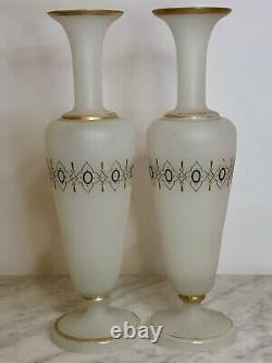 2 Antique French Napoleon Opaline Glass Vase w Black Cameo Gold Gilding & Enamel