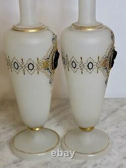 2 Antique French Napoleon Opaline Glass Vase w Black Cameo Gold Gilding & Enamel