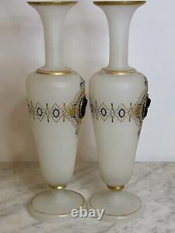 2 Antique French Napoleon Opaline Glass Vase w Black Cameo Gold Gilding & Enamel