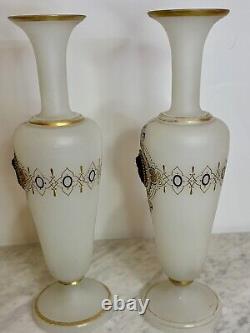 2 Antique French Napoleon Opaline Glass Vase w Black Cameo Gold Gilding & Enamel