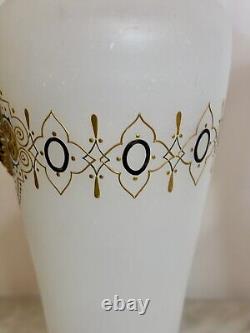 2 Antique French Napoleon Opaline Glass Vase w Black Cameo Gold Gilding & Enamel