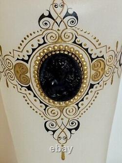 2 Antique French Napoleon Opaline Glass Vase w Black Cameo Gold Gilding & Enamel