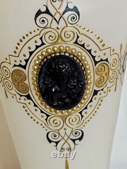 2 Antique French Napoleon Opaline Glass Vase w Black Cameo Gold Gilding & Enamel