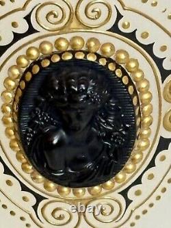 2 Antique French Napoleon Opaline Glass Vase w Black Cameo Gold Gilding & Enamel