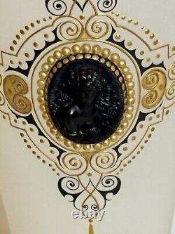 2 Antique French Napoleon Opaline Glass Vase w Black Cameo Gold Gilding & Enamel