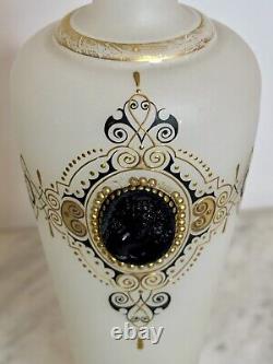 2 Antique French Napoleon Opaline Glass Vase w Black Cameo Gold Gilding & Enamel
