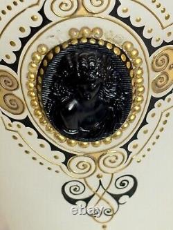 2 Antique French Napoleon Opaline Glass Vase w Black Cameo Gold Gilding & Enamel