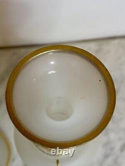 2 Antique French Napoleon Opaline Glass Vase w Black Cameo Gold Gilding & Enamel