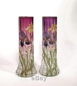 2 Antique Legras French Art Nouveau 14 Enameled Iris Vases France