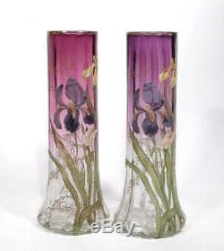 2 Antique Legras French Art Nouveau 14 Enameled Iris Vases France