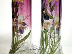 2 Antique Legras French Art Nouveau 14 Enameled Iris Vases France