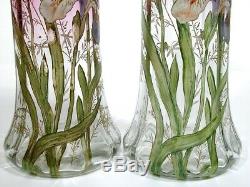 2 Antique Legras French Art Nouveau 14 Enameled Iris Vases France