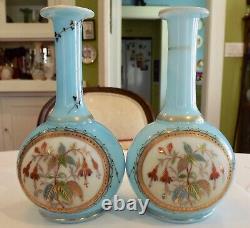 2 Antique Victorian French Light Blue Art Glass Bud Vases-hand Enameled Fuscia