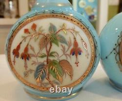 2 Antique Victorian French Light Blue Art Glass Bud Vases-hand Enameled Fuscia