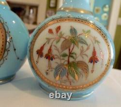 2 Antique Victorian French Light Blue Art Glass Bud Vases-hand Enameled Fuscia