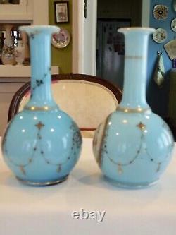 2 Antique Victorian French Light Blue Art Glass Bud Vases-hand Enameled Fuscia