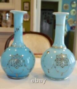 2 Antique Victorian French Light Blue Art Glass Bud Vases-hand Enameled Fuscia