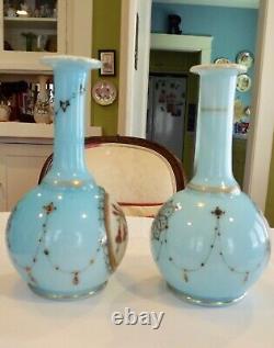 2 Antique Victorian French Light Blue Art Glass Bud Vases-hand Enameled Fuscia