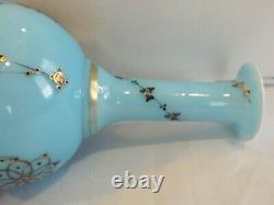 2 Antique Victorian French Light Blue Art Glass Bud Vases-hand Enameled Fuscia