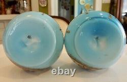 2 Antique Victorian French Light Blue Art Glass Bud Vases-hand Enameled Fuscia