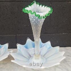 2 Fenton Glass Diamond Lace French Green Crest Horn Fostoria Opalescent Epergne