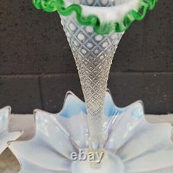 2 Fenton Glass Diamond Lace French Green Crest Horn Fostoria Opalescent Epergne