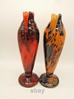 2 French Art Deco Art Glass Vases Schneider Quality Marked Made In France