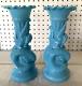 2 Stunning Antique Matching French Blue Milk Glass Asian Dragon Vase Rare 1930's