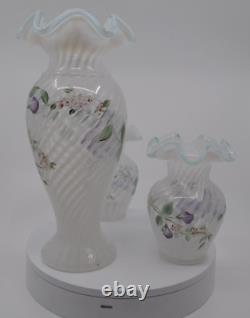 3 Pcs Fenton French Opalescent Spiral Optic Martha's Rose Hand Painted Vase 1999