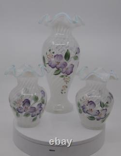 3 Pcs Fenton French Opalescent Spiral Optic Martha's Rose Hand Painted Vase 1999