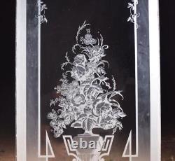 51 Tall Antique French Etched Glass Windows Frosted Glass with Flowers and Vase