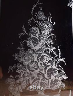 51 Tall Antique French Etched Glass Windows Frosted Glass with Flowers and Vase